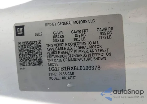 2020 Chevrolet Camaro Rwd 1Ls from USA, damaged, VIN 1G1FB1RX8L0106378